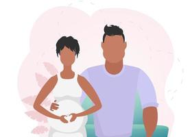 Man and pregnant woman. Banner on the theme of couple jet baby. Happy pregnancy. Cute illustration in flat style. vector