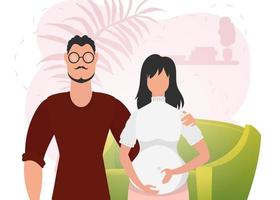 Man and pregnant woman. Banner on the theme Young family is waiting for the birth of a child. Positive and conscious pregnancy. Vector illustration in a flat style.