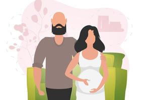 Man and pregnant woman. Banner on the theme Young family is waiting for the birth of a child. Happy pregnancy. Cute illustration in flat style. vector