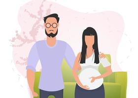 Man and pregnant woman. Banner on the theme Young family is waiting for the birth of a child. Happy pregnancy. Vector in cartoon style.