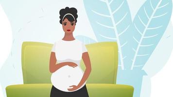 A pregnant woman is holding her stomach. A young mother is waiting for a newborn. Vector illustration.