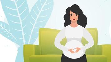 un embarazada mujer es participación su estómago. un hermosa embarazada mujer es en pie en frente. amable colores. vector. vector