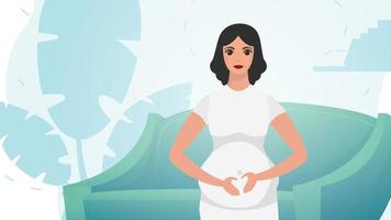 A pregnant woman is holding her stomach. A beautiful pregnant woman is standing in front. Vector illustration.