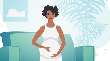 A pregnant woman holds her belly with her hands. Pregnancy and motherhood. Cartoon style. vector