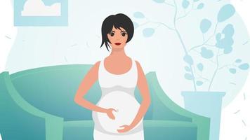 un embarazada mujer es participación su estómago. el embarazo y maternidad. amable colores. vector. vector