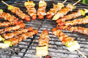 Grilled vegetable and meat skewers photo