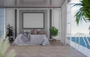 3D mockup blank photo frame in bedroom at pool villa