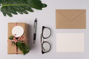 top view arrangement of natural material stationery photo