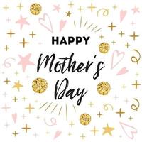 Mothers Day vector greeting card. Romantic hand drawn ornament. Text Happy Mothers day Typography print in pink gold colors Design calligraphy phrase for banner, invitation, symbol, congratulation