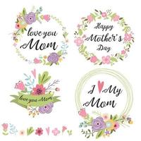 Set of cute greeting design elements for Mothers Day with floral wreath cute hand drawn flowers pink hearts banners ribbon lettering Decorative floral leave elements for design Vector illustration.