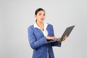 Young beautiful woman in formal clothing for officer on white background photo