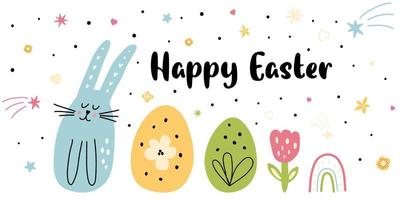 Happy Easter bunny banner Spring flowers eggs rabbit baby rainbow. Cute cartoon kids easter card. Spring rabbit character. Childish easter colorful vector illustration. Easter eggs, baby spring.