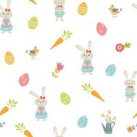 Easter background. Seamless ester pattern with easter eggs, bunny rabbits, carrot, birds flowers. Cute simple spring design on white. Hand drawn repeating template. Easter texture. Vector illustration