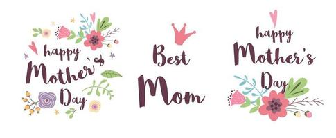 Happy Mothers Day greeting card collection. Typography quote decorated hand drawn green leaves cute flowers pink colors. Vector illustration. Poster banner print logo symbol badge label for mom.