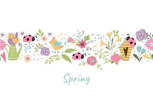 Spring border. Spring seamless flower border with colorful daisies, bird, insect, ladybug birdhouse. Repeated floral border, repeated pattern Summer cute illustration. Cartoon nature graphic element vector