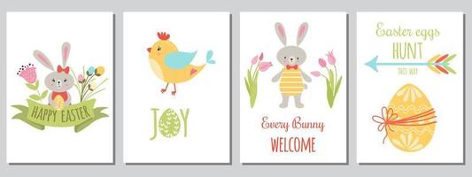 Easter set Card collection of Happy Easter elements Cute animals character Rabbit eggs chicken quotes typographic design. Spring flowers. Easter eggs hunt. Vector illustration. Cartoon style.