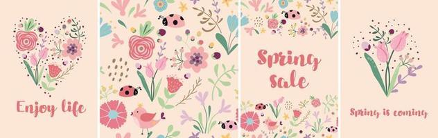 Spring floral banner set. Hand drawn pink flowers. Spring sale template, tulips, insect. Vector illustration. Cute pink spring, summer nature background, cards.