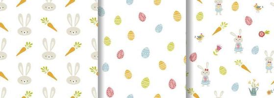 Easter seamless pattern set. Easter eggs texture Seamless ester pattern with easter eggs bunny rabbits, carrot, birds flowers. Cute spring design. Repeating template. Eggs pattern Vector illustration.