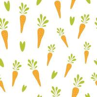 Cute carrot seamless pattern. Hand drawn vegetables texture for kitchen wallpaper, textile, fabric, paper. Food background. Flat carrot design on white. Vegan, farm, natural. Vector illustration.