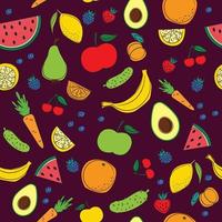 Doodle style pattern with different vegetables and fruits. vector