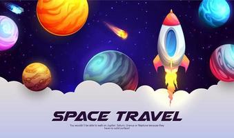 Space travel cartoon galaxy landscape with rocket vector