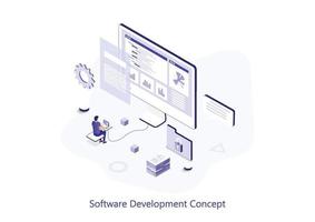 Software development isometric web concept. People program in different languages, working with code, optimize and customize programs scene. Vector illustration for website template in 3d design