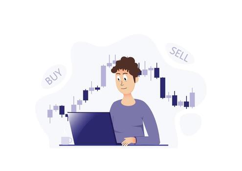 Stock market modern flat concept for web banner design. Male trader buys and sells on stock exchange, analyzes charts and statistics, invests money. vector