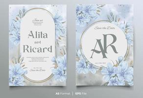 watercolor wedding invitation template with blue flower ornament