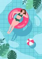 Summer pool background vector illustration. Girl in the pool with copy space