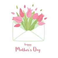 Tulips in envelope Gift for day of woman Text Happy Mothers Day. Cute gift pink spring flowers Hand drawn style blooming tulips top view. Spring element. Festive greeting concept. Vector illustration.