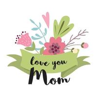 Text Love you Mom on green ribbon decorated cute hand drawn flowers Greeting design elements for Mother's day Vecor illustration Banner for mother holiday. vector