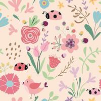 Doodle floral seamless pattern Spring summer background Hand drawn surface pattern design with flowers in garden Meadow flowers bird ladybug Seamless texture for wallpapers Forest vector illustration.