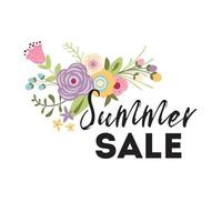 White banner with text Summer sale Background with leaves colorful flowers hand drawn decorative floral element Artistic design vector banners, greeting cards, summer sales. Vector illustration.