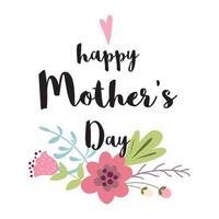 Happy Mothers Day greeting banner design Typographic quote decorated hand drawn green leaves cute flowers pink colors. Vector illustration. Poster banner print logo symbol badge label for mom.