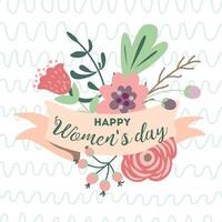 Happy women's day romantic text on pastel ribbons decorated cute hand drawn flowers Graphic print retro style for Happy Mothers day birthday International day 8 March banner Vector illustration.