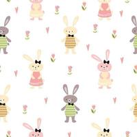 Rabbit seamlesspattern Hand drawn pattern with rabbits flowers hearts Kids cloth fabric design Doodle floral spring vector pattern with rabbits floral element on white Repeated vector illustration.