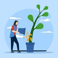Concept of seeking investment, starting project funding, investing money in business. woman watering a plant growing in a pot with a bucket full of dollar coins. Flat vector illustration for poster.