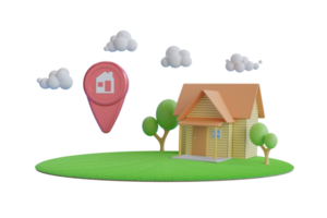 Simple house with location pin icon in real estate sale or property investment concept. 3d illustration of big red map pointer symbol near small building. 3d rendering png