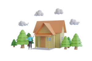 3d people near to the wood house.  The house is surrounded by a lots of tree and natural on the blue sky. 3d rendering png