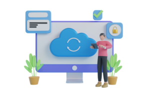 3D Cloud computing upload and download data online service with computer. Digital file organization service or app with data transfering. 3d rendering png