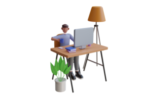 man sits at the table with a computer. boy studying with computer. 3d rendering png