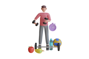 man does exercise with dumbbell at cozy home. cardio exercise, fitness exercise. 3D rendering png