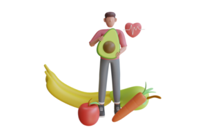 3d saudável Comida conceito. frutas. 3d fruta dieta. abacate, banana, cenoura, manga, maçã. 3d Renderização png