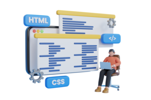 Website programming and coding. Web development and coding. 3D illustration of web Development, programming, and coding. 3d rendering png