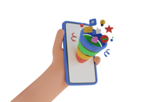 3d popper voor een partij met confetti en een voetzoeker, Aan een mobiel telefoon. partij popper met confetti. 3d renderen png