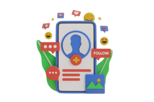 social medios de comunicación perfil, seguir botón. 3d social medios de comunicación plataforma, en línea social comunicación concepto. comentario y seguidor. 3d representación. png