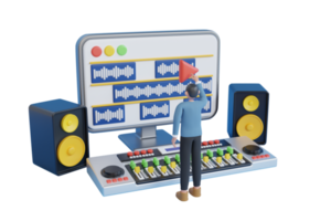 3d illustration of Sound designer on workplace. Sound designer creating sound effects. Sound engineer moving sliders.  3d rendering png