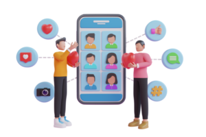 3d illustration of interaction between people through social networks. Social network user interface with new likes, comments, followers. 3d rendering png