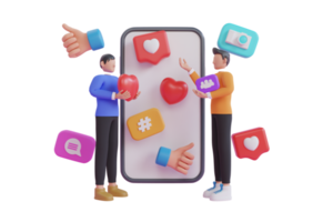 3d illustration of interaction between people through social networks. Social network user interface with new likes, comments, followers. 3d rendering png