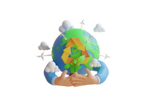 3d illustration of Green Energy. Globe Earth Planet and Green Energy Concept. Happy Environment day. Hand holding earth . 3d illustration png